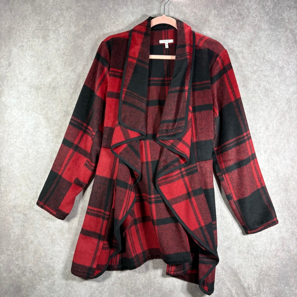 Maurices Cardigan‎ Womens XL Red Buffalo Plaid Waterfall Open Front Belted Cozy